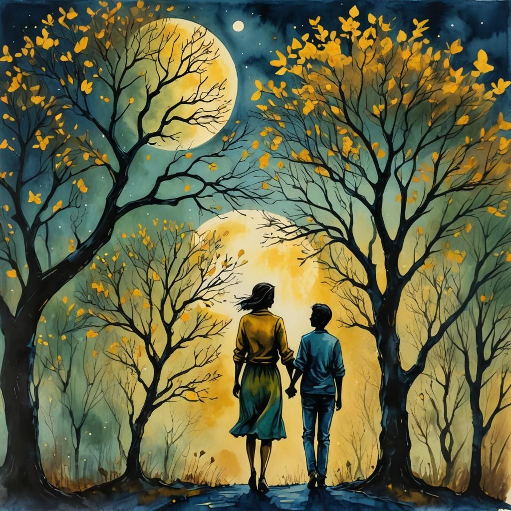 Romantic Couple Under Moon as Mixed Media Ink Painting