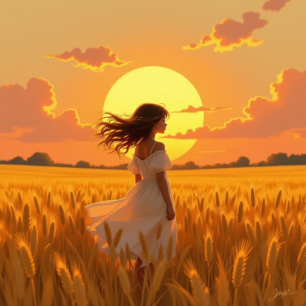 Girl in Wheat Field at Sunset, Miyazaki Style