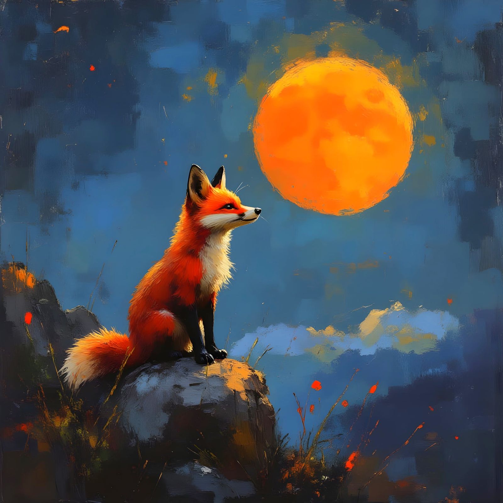 Fuzzy Fox Gazing at Orange Moon as Impasto Painting