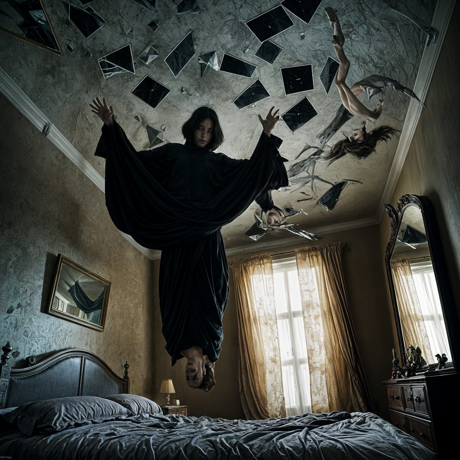 Surreal Upside-Down Bedroom in Mirror Reflection