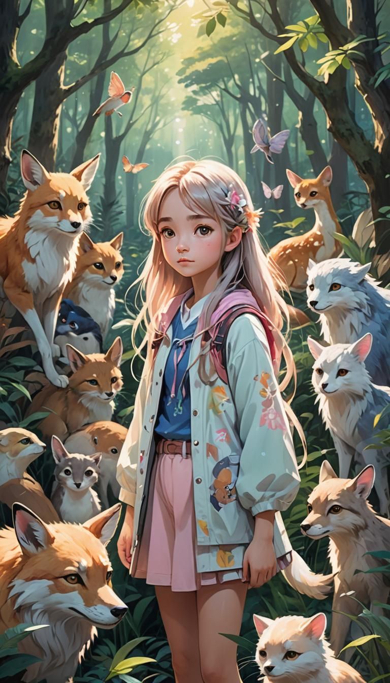Anime Girl and Animal Friends in Forest