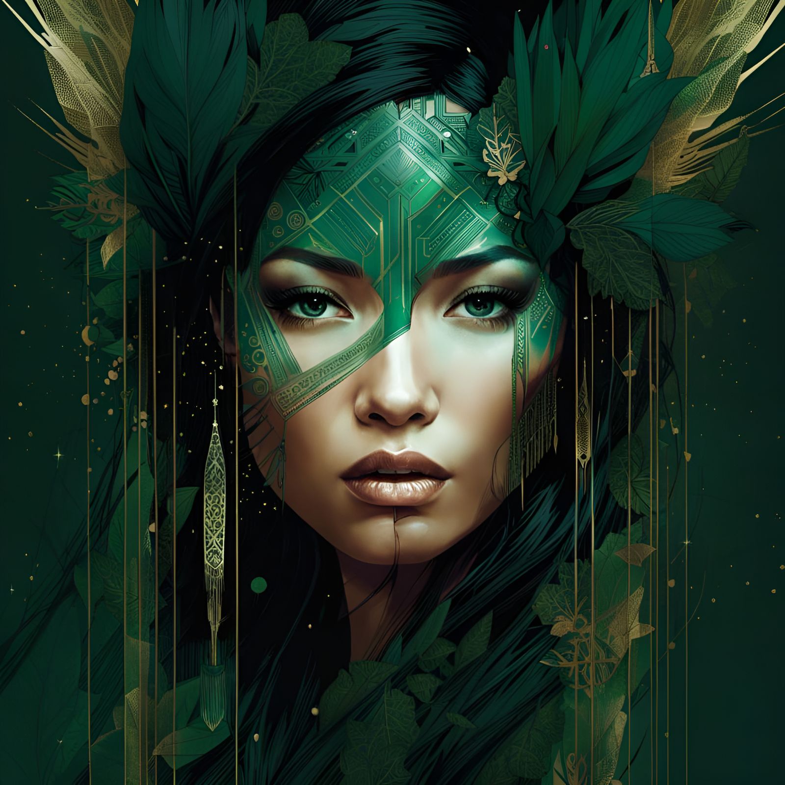 Gorgeous Pocahontas Portrait with Green Filigree
