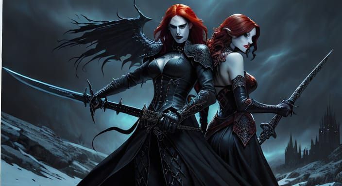 Dark Fantasy Women Stand Back to Back in Snowy Nighttime Lan...