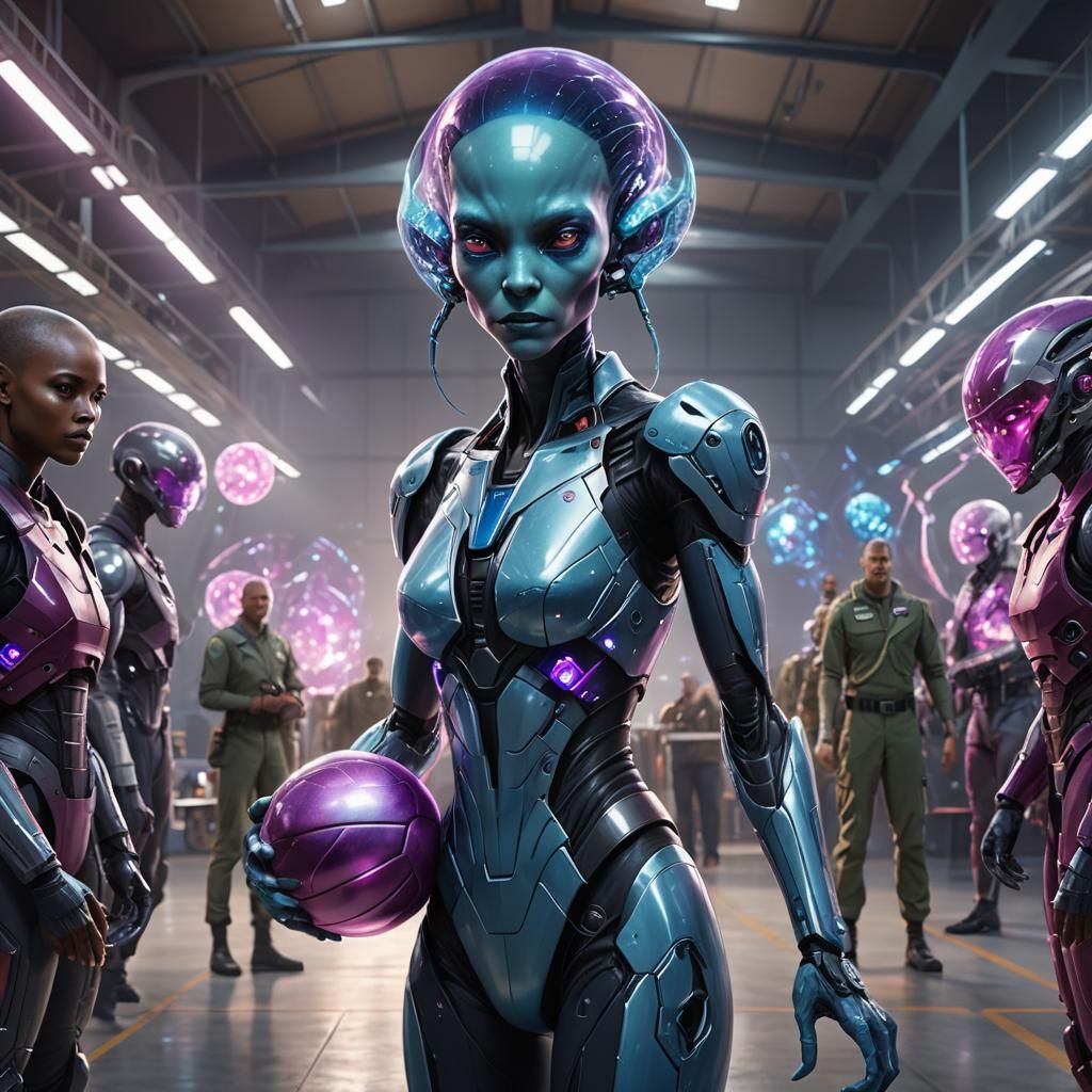 Alien Woman with Crystal Ball in Hangar: Concept Art