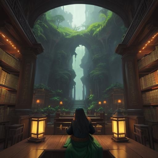 Mystical Library: Cozy Evening in a Dreamy Oil Painting