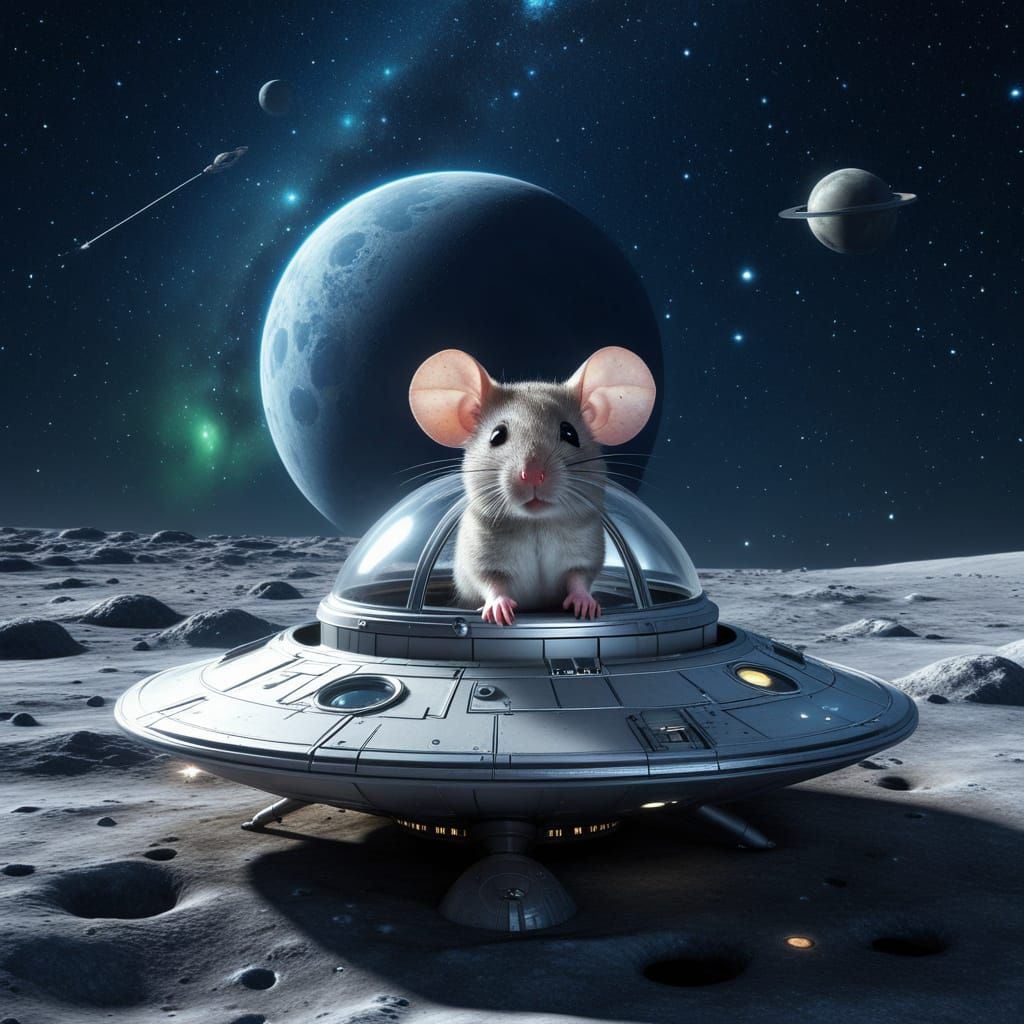 Hyperrealistic Chibi Mouse in UFO on the Moon