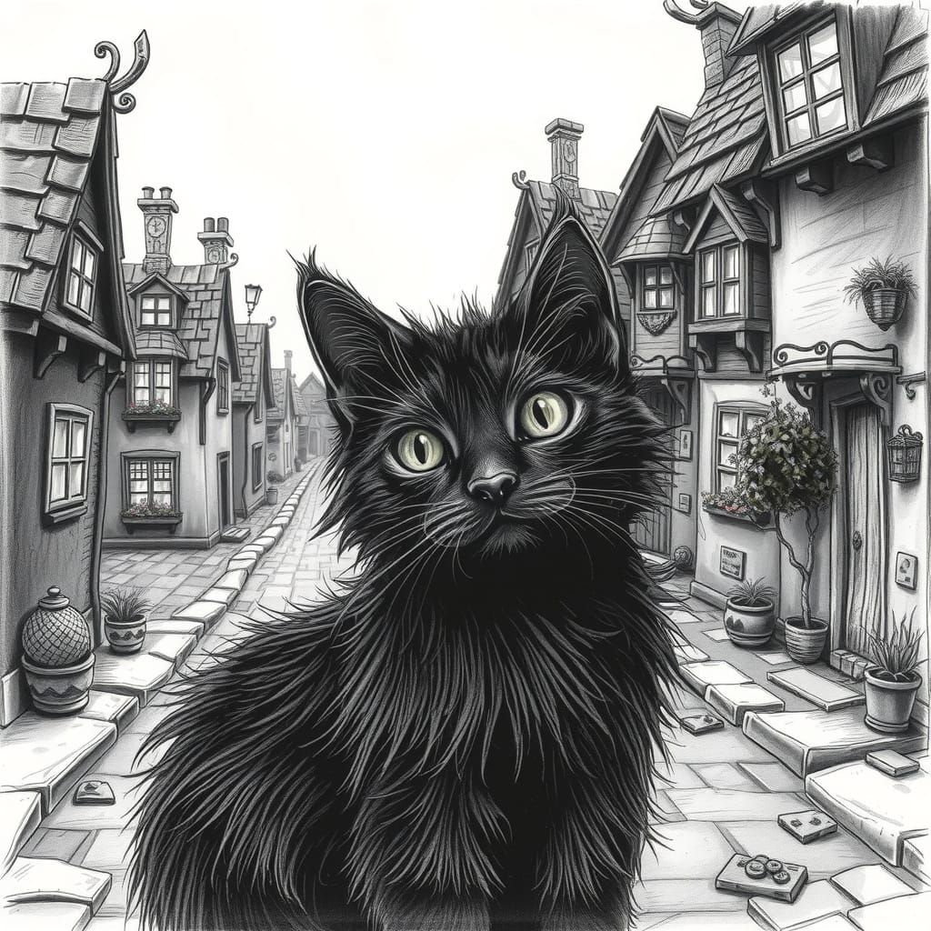 Whimsical Black Cat Contemplates Village Life