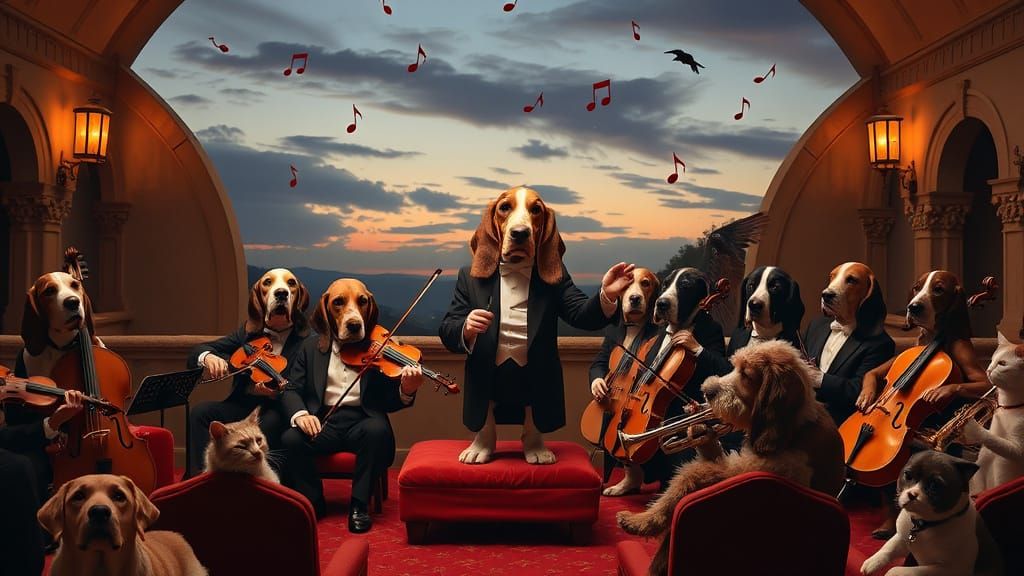 Basset Hound Orchestra Performs in Twilight Amphitheater