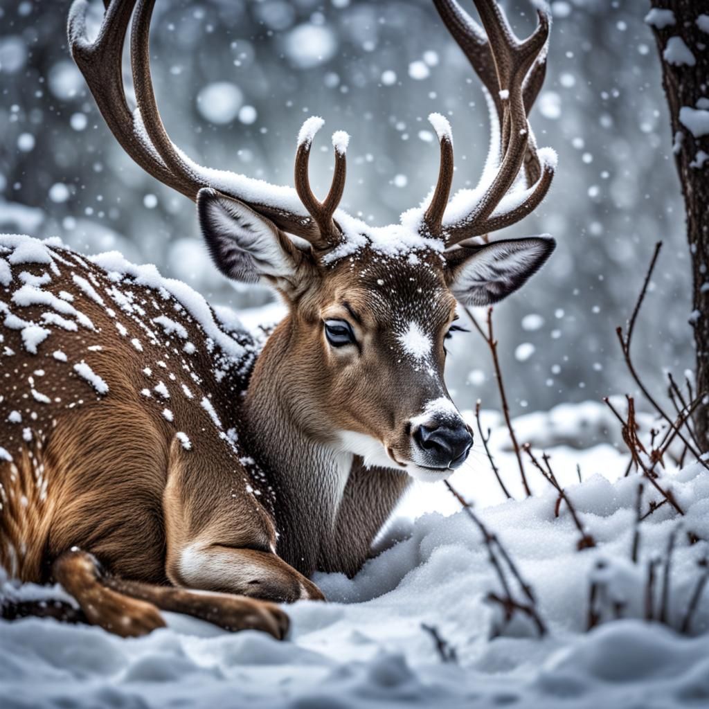 Deer Sleeping in Snowy Winter Landscape