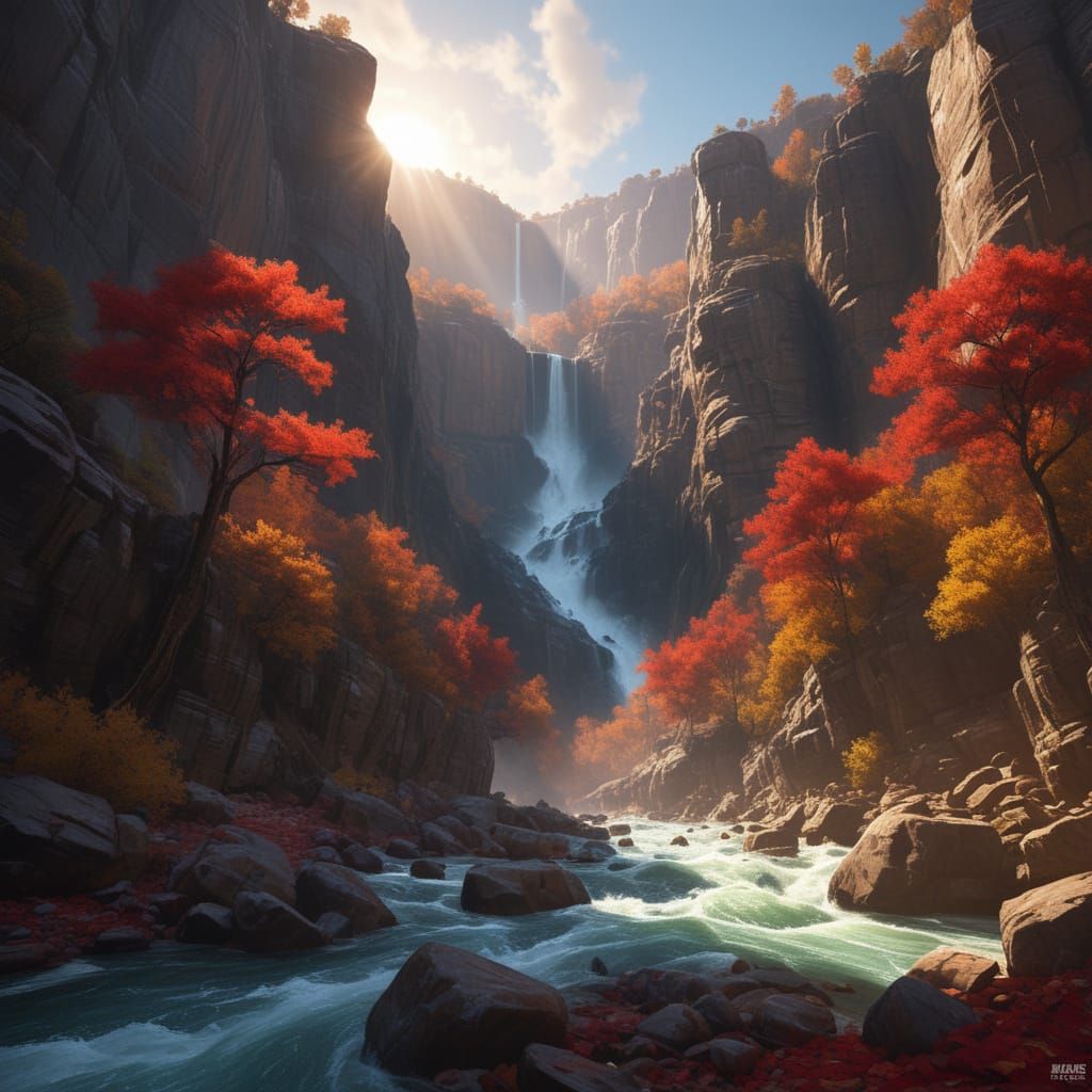 Dramatic Autumn Canyon with Raging Waterfall