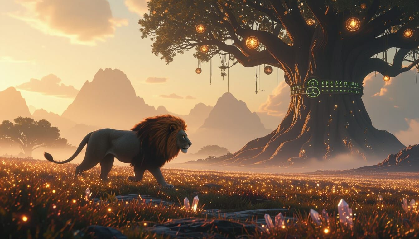 Bioluminescent Lion in Alien Landscape, Matte Painting Style