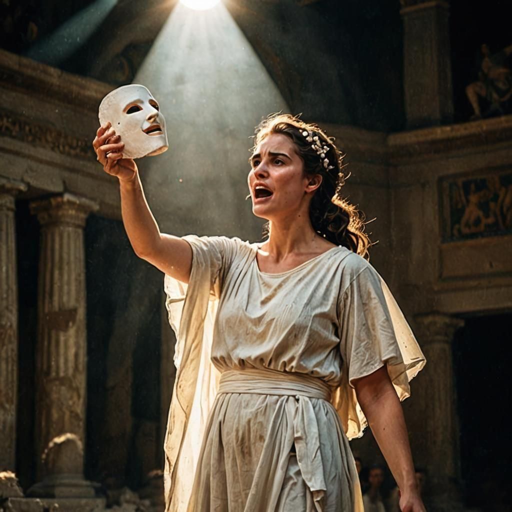 Greek Actress with Theatrical Mask in Hyperrealistic Photo