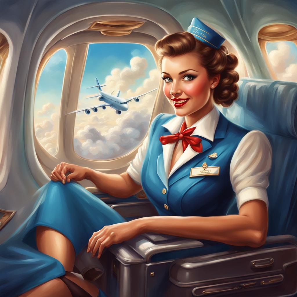 Cute Flight Attendant in Pin-Up Style Digital Art