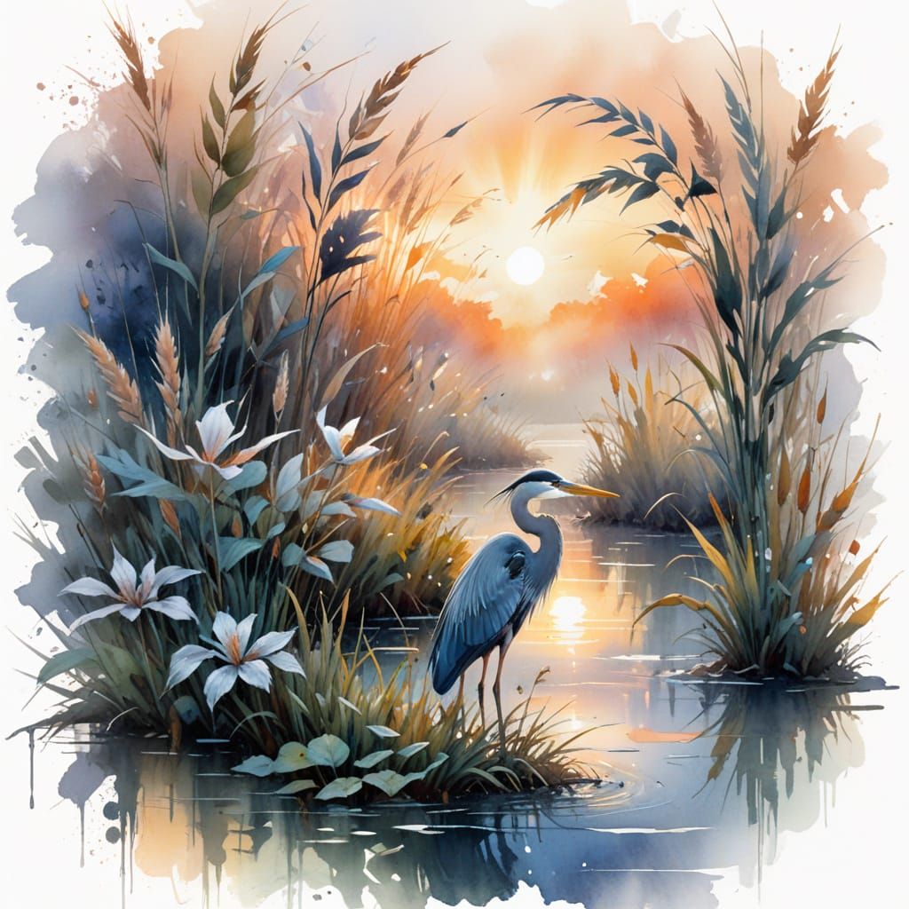 Great Blue Heron in Watercolor Marsh at Sunrise