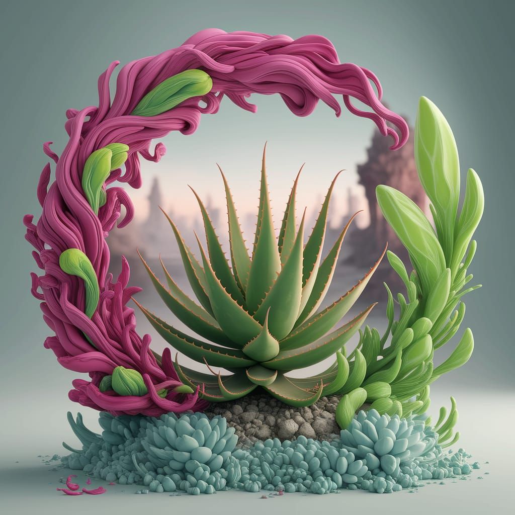 Surreal Aloe Vera Plant in 3D Anime Style
