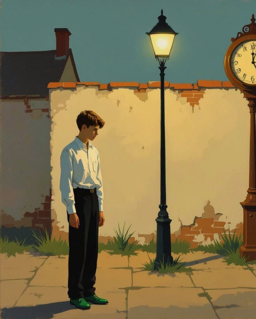 Teen Boy in Worn Yard at Dusk with Streetlamp and Clock