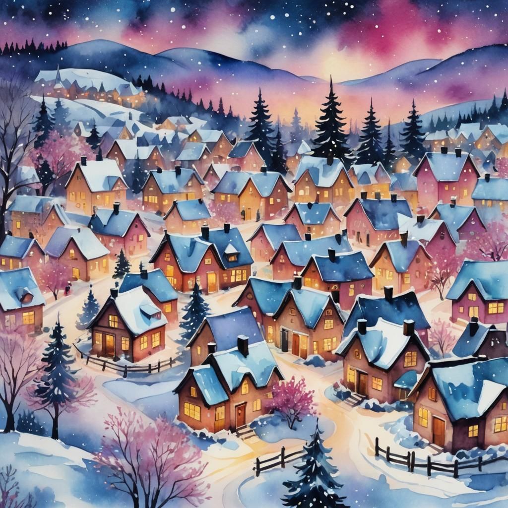 Festive Christmas Village in Watercolor Painting