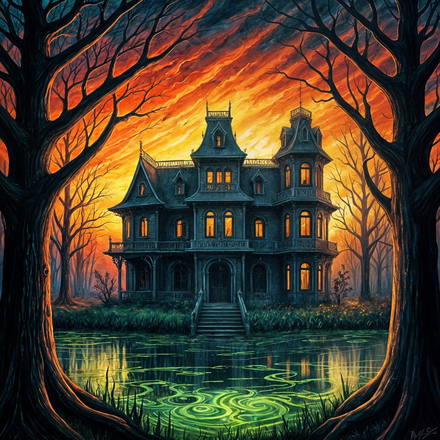 Spooky Haunted Mansion: Watercolour Impasto Painting