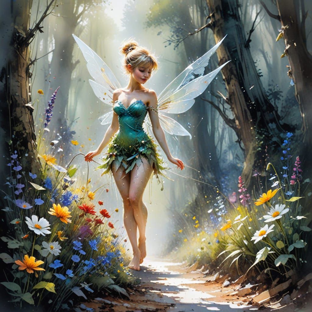 Whimsical Fairy Amidst Wildflowers in Dreamy Watercolour