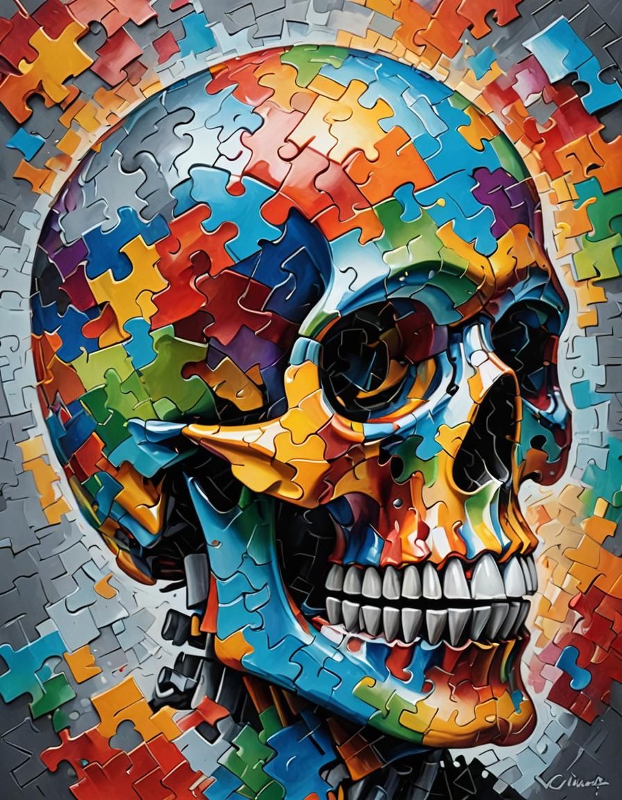 Puzzle Piece Skull in Expressionist Impasto Style