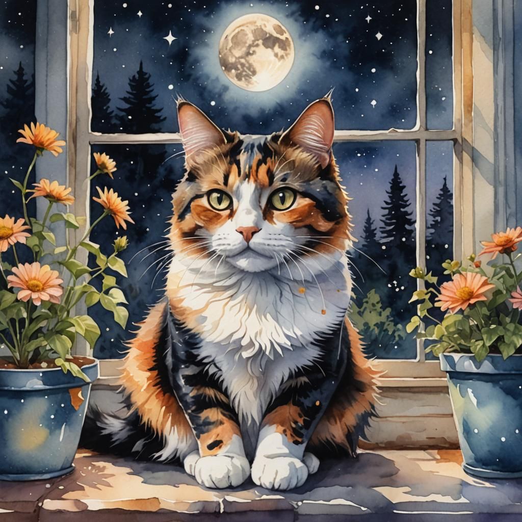 Calico Cat at Night in Watercolor Style