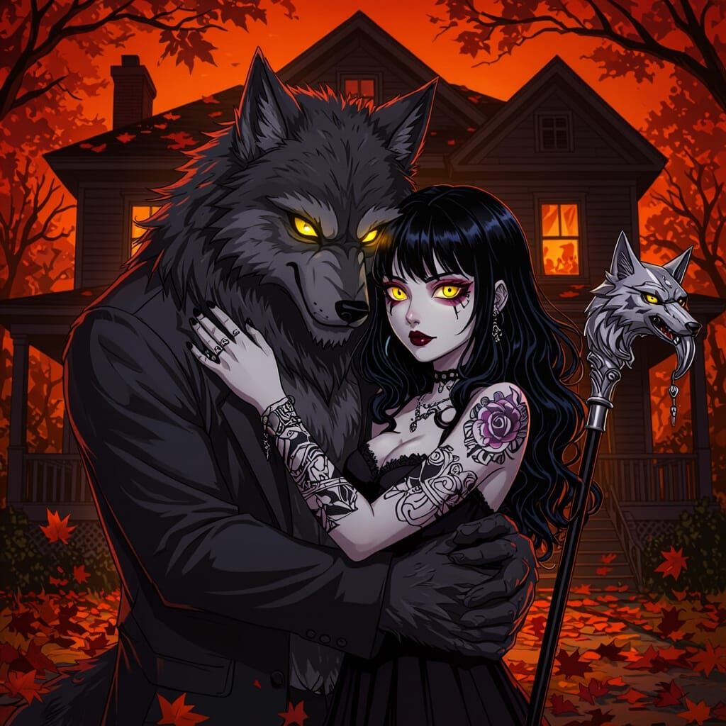 Werewolf Hugs Goth Girl Under Neon Lights