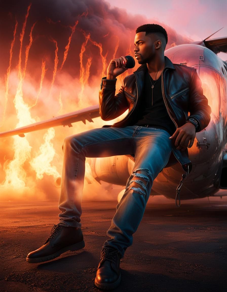 Triumphant Figure Before Airplane in Apocalyptic Landscape