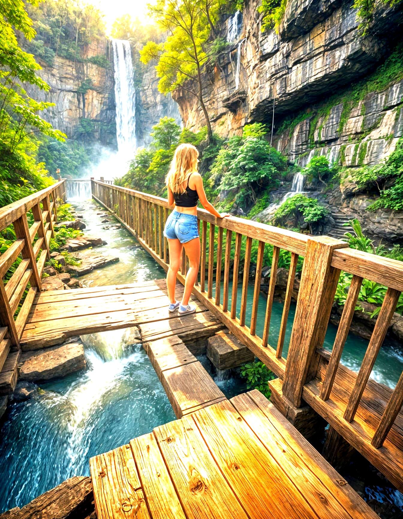 Blonde Girl Overlooking Waterfall in Detailed Matte Painting