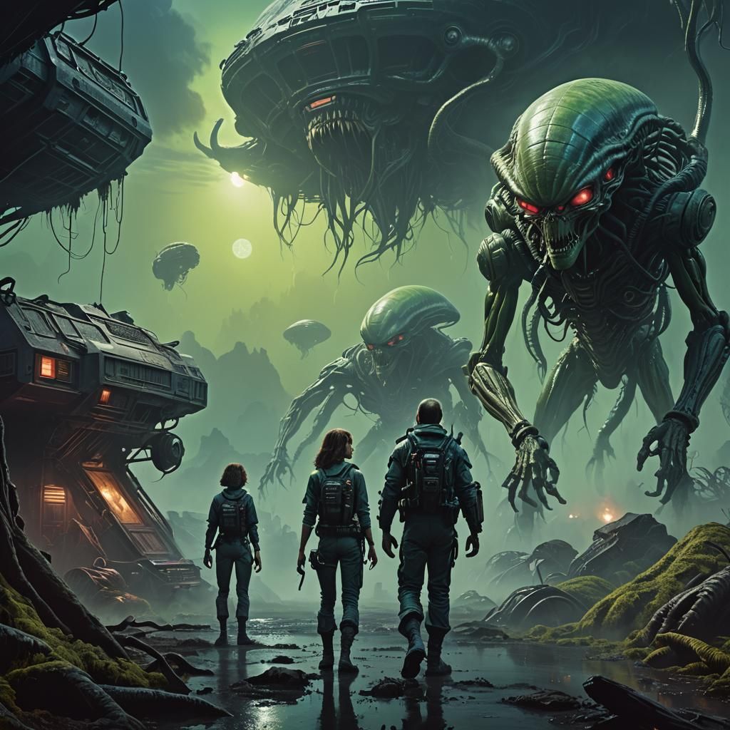 Alien and Woman in Horror Scene: 80s Pulp Art