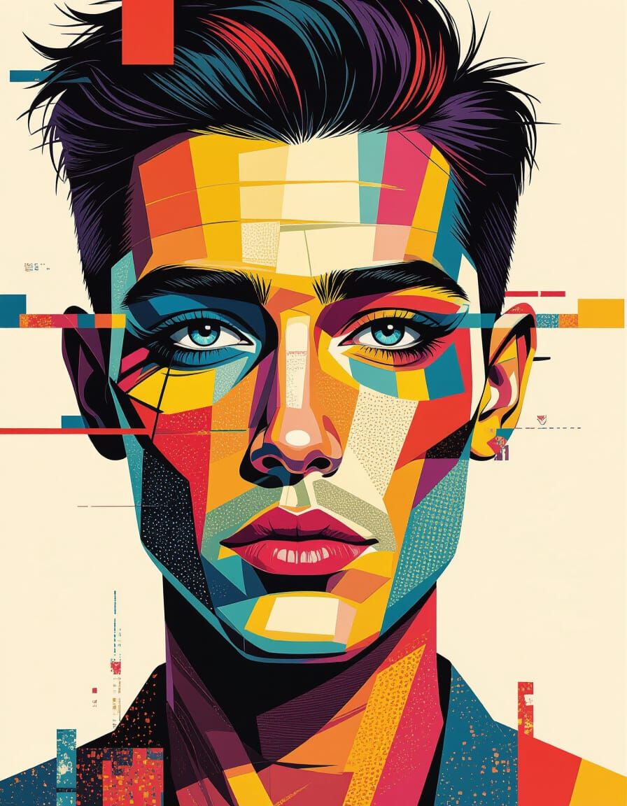 Abstract Glitch Portrait in Collage Style