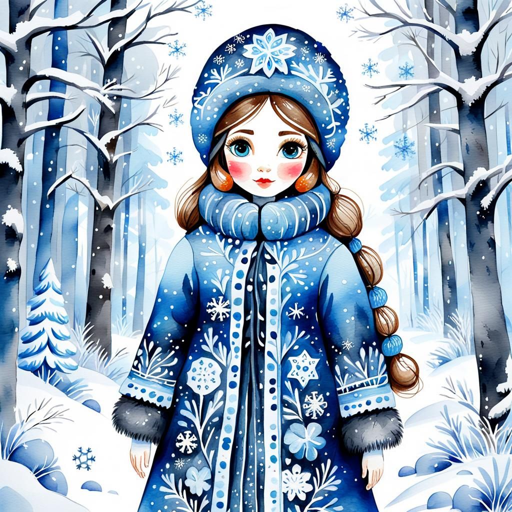 Winter Matryoshka Doll in Snowy Forest, Watercolor Sketch
