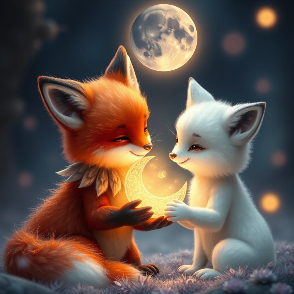 Foxes Share Moon in Dreamlike Fantasy Setting