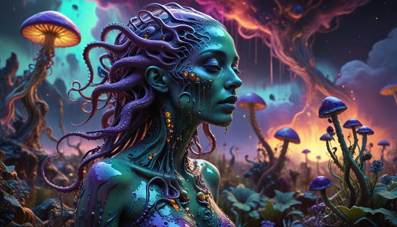 Ethereal Cosmic Realm with Glowing Mushrooms and Alien Life