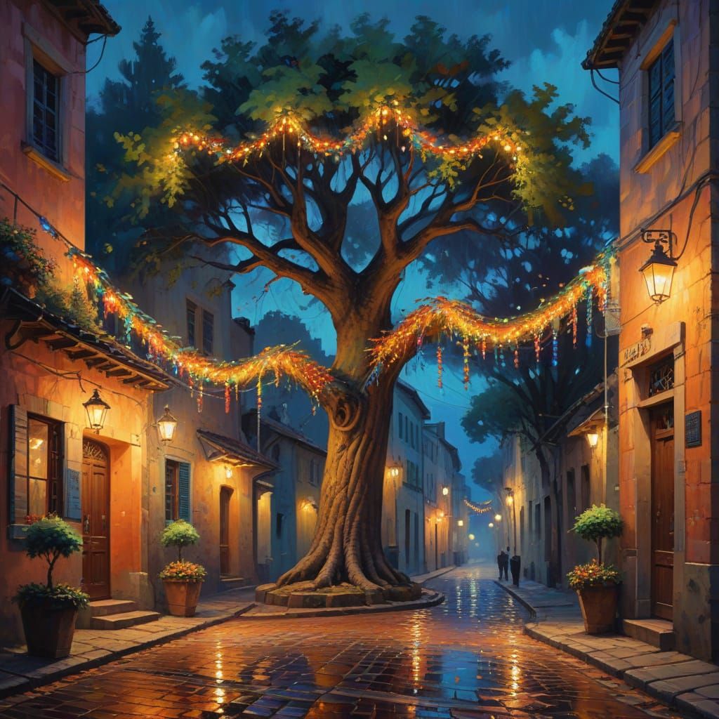 Fauvist Tree With Garlands Over Ancient Street