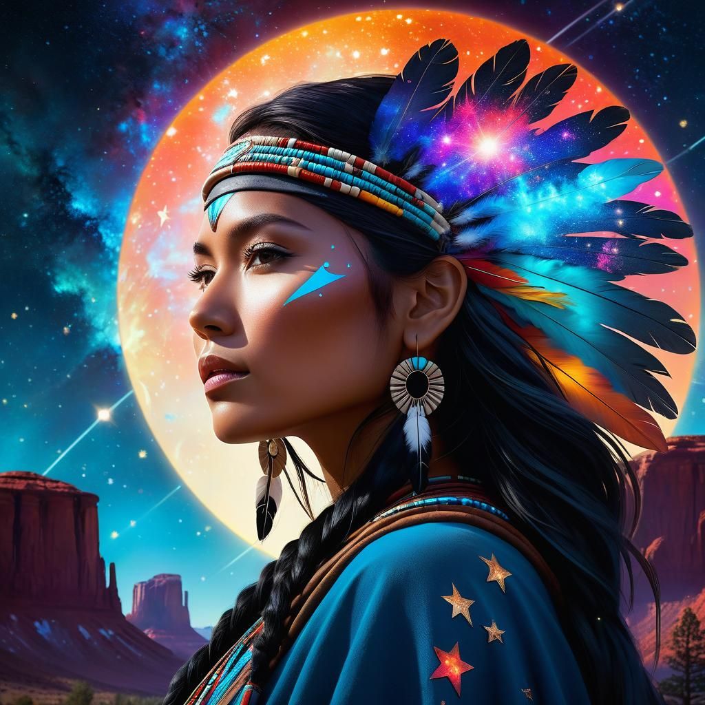 Cosmic Navajo Woman Portrait in Digital Art Style
