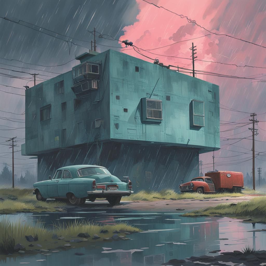 Retrofuturistic Dystopian Landscape in Watercolor Style