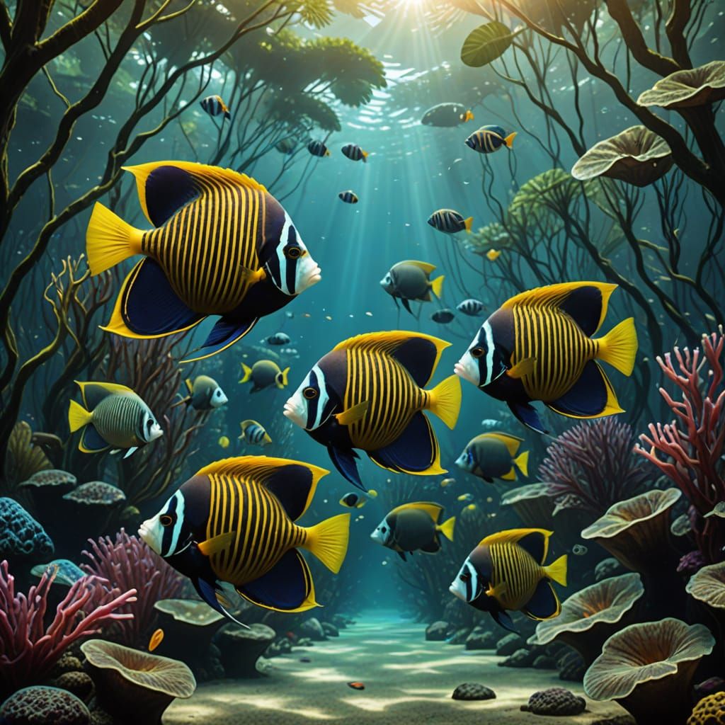 Art nouveau school of beautiful fantasy marine saltwater ang...