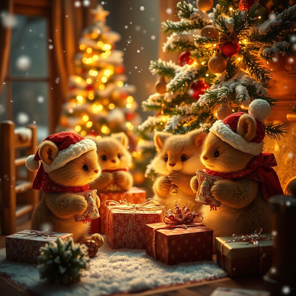 Warm Winter Wonderland Christmas Scene with Adorable Creatur...