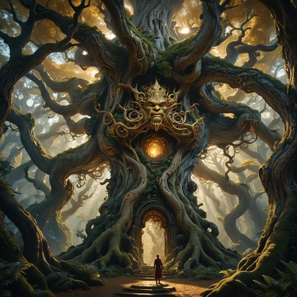 Enormous Genie Emerges from Forest Portal