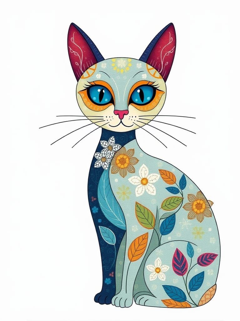 Abstract Cat with Floral and Textile Prints
