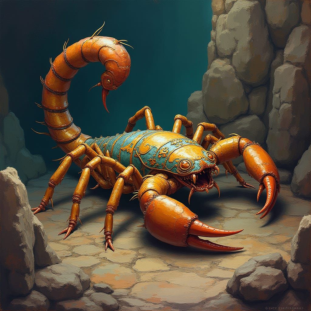 Fantasy Cyber-scorpion in Mysterious, Earthy Steampunk World