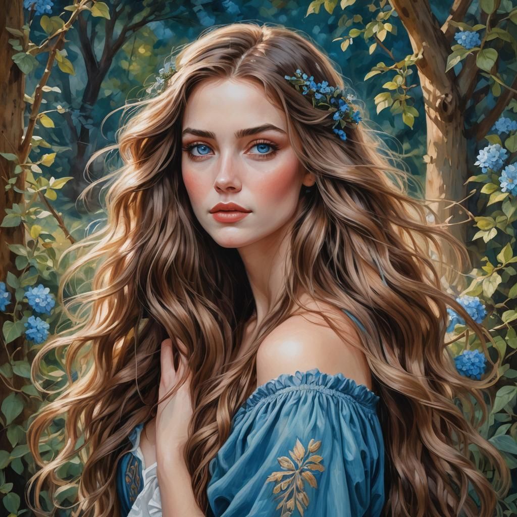 Romantic Bohemian Woman with Long Hair, Oil Painting