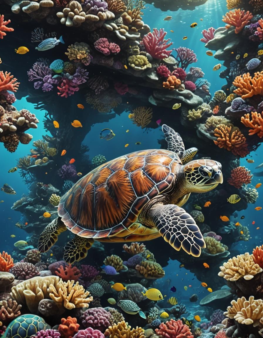 Sea Turtle Swimming Over Coral Reef: Fantasy Concept Art