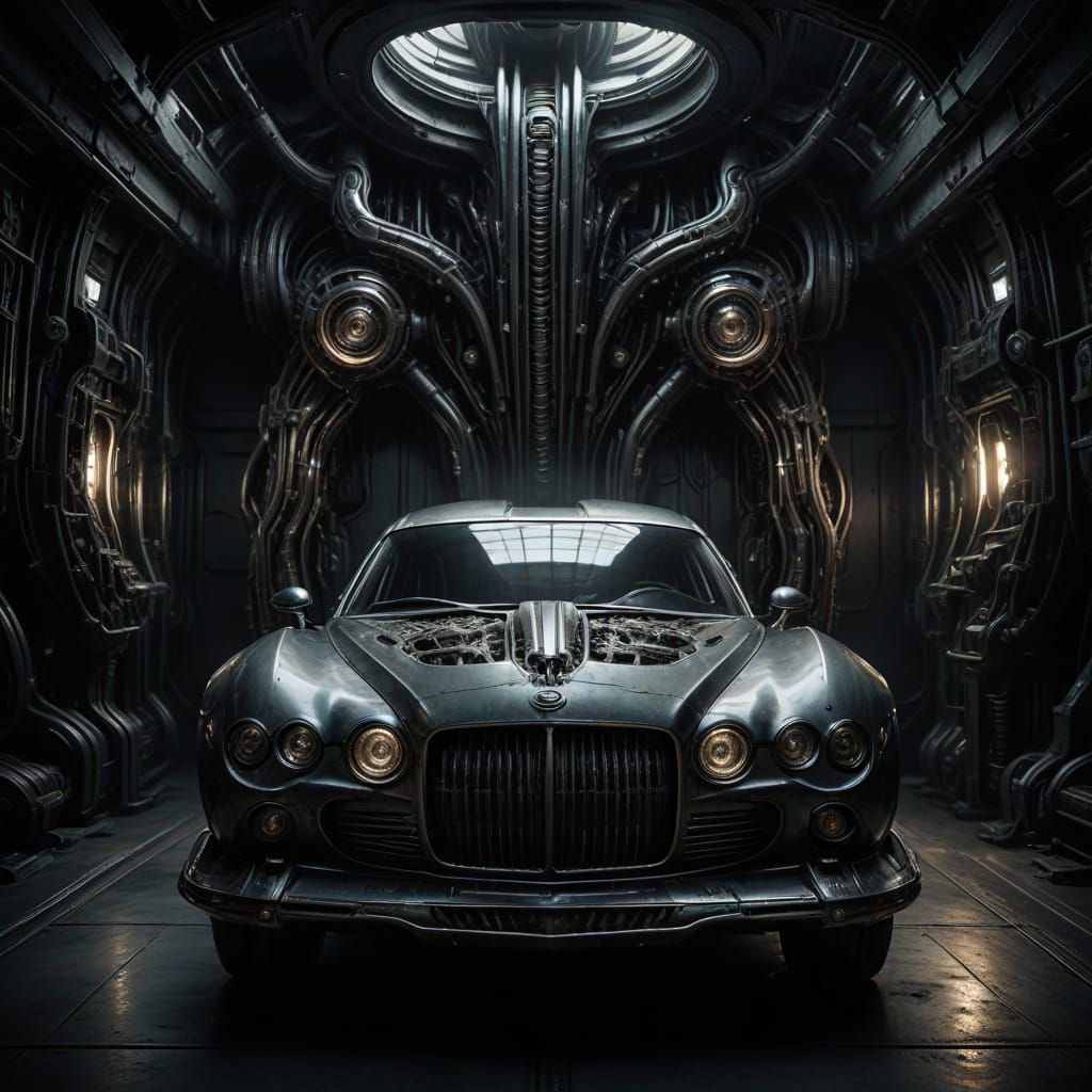 Cybernetic Car in Dark Futuristic Landscape