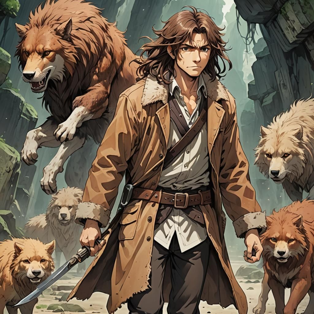 A caveman with very long, messy brown hair and slight stubble. He is a Copper age herder wearing animal skins. He is wea...