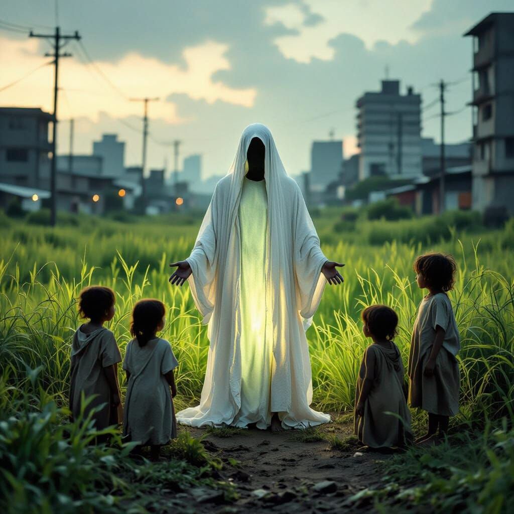 Faceless Figure Reveals Luminous Pasture in Cinematic Style