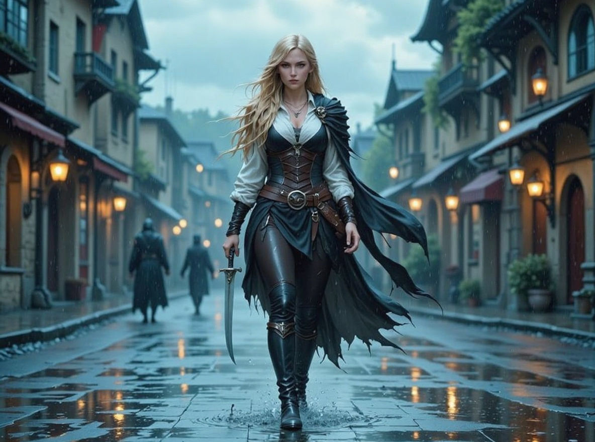 Confident Elf Woman in Rainy Medieval City