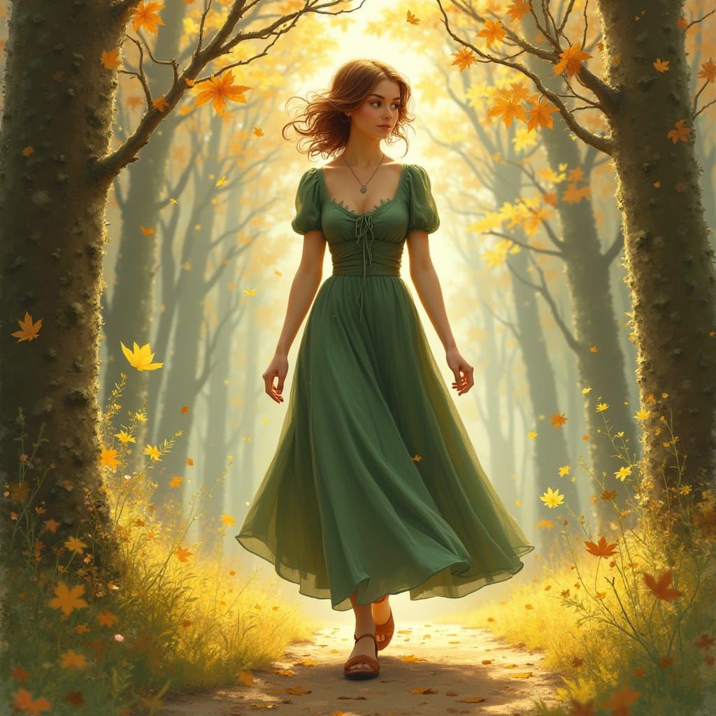 Graceful Woman in Autumn Forest, Watercolor Style