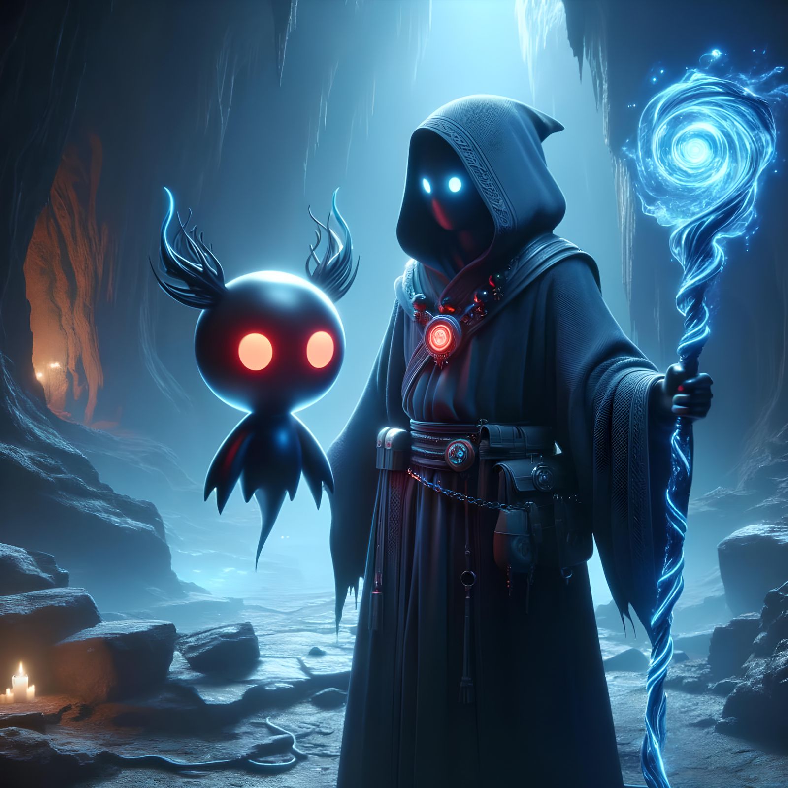 Sorcerer with Glowing Staff and Spirit Puppet