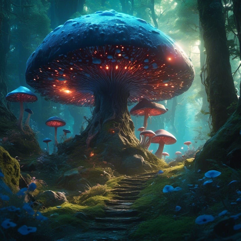 Blue Mushroom Forest: Detailed Matte Painting